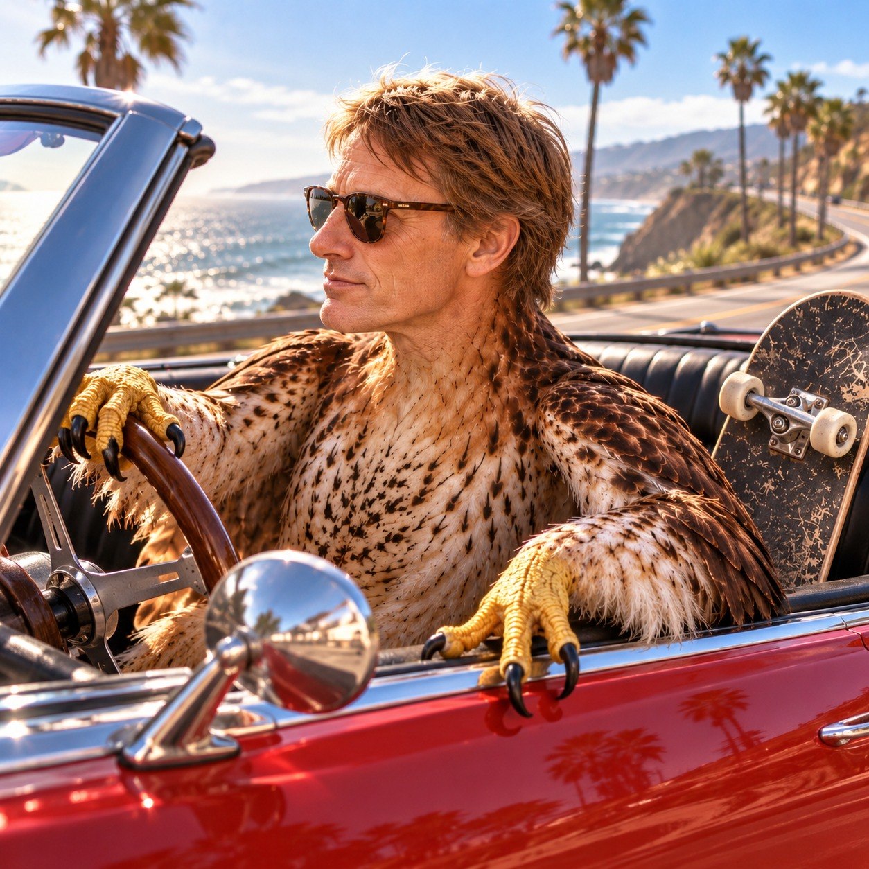 Tony Hawk hawk driving a red convertible on the Pacific coast