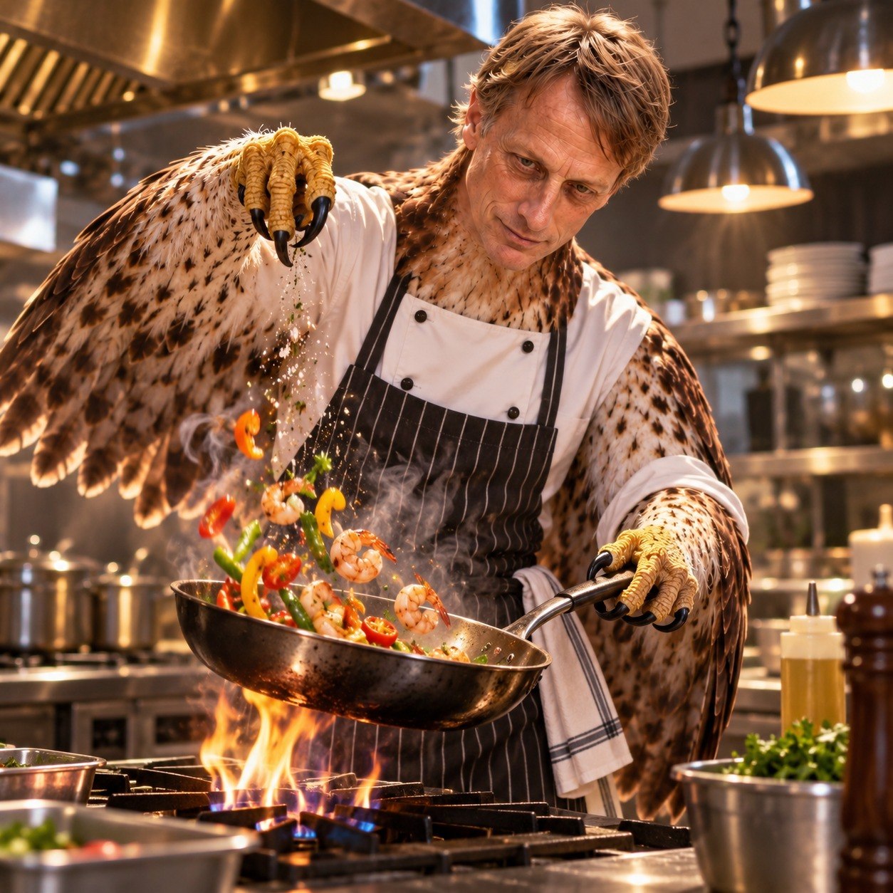Tony Hawk hawk cooking shrimp in a flaming pan
