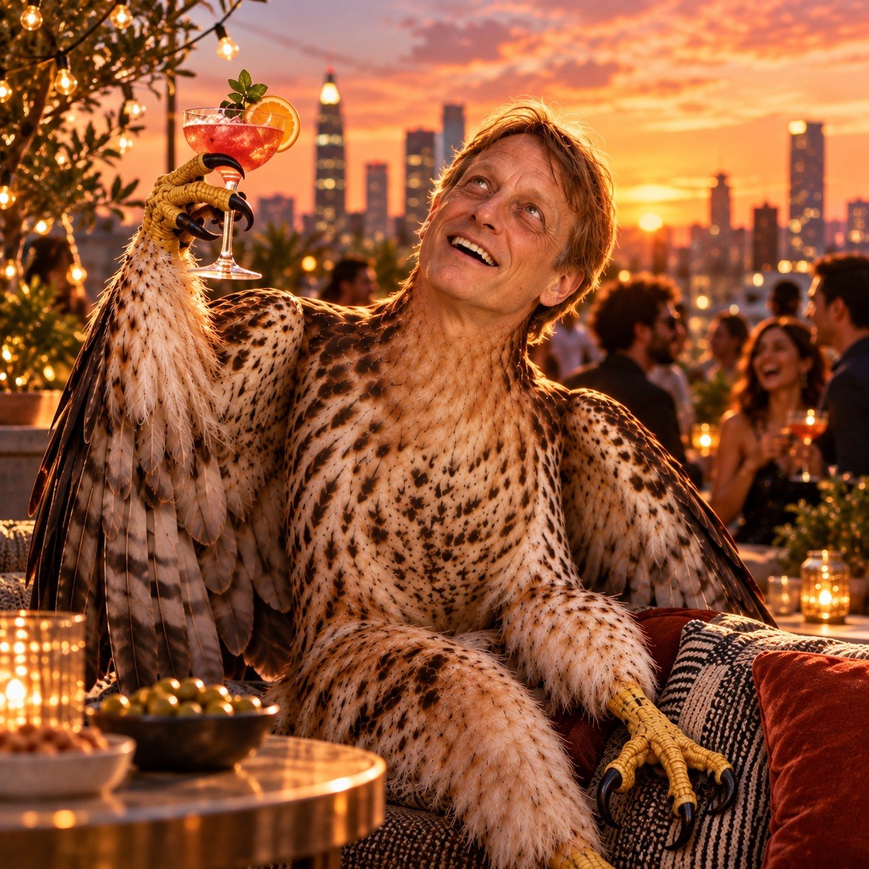 Tony Hawk hawk raising a cocktail at a rooftop sunset party