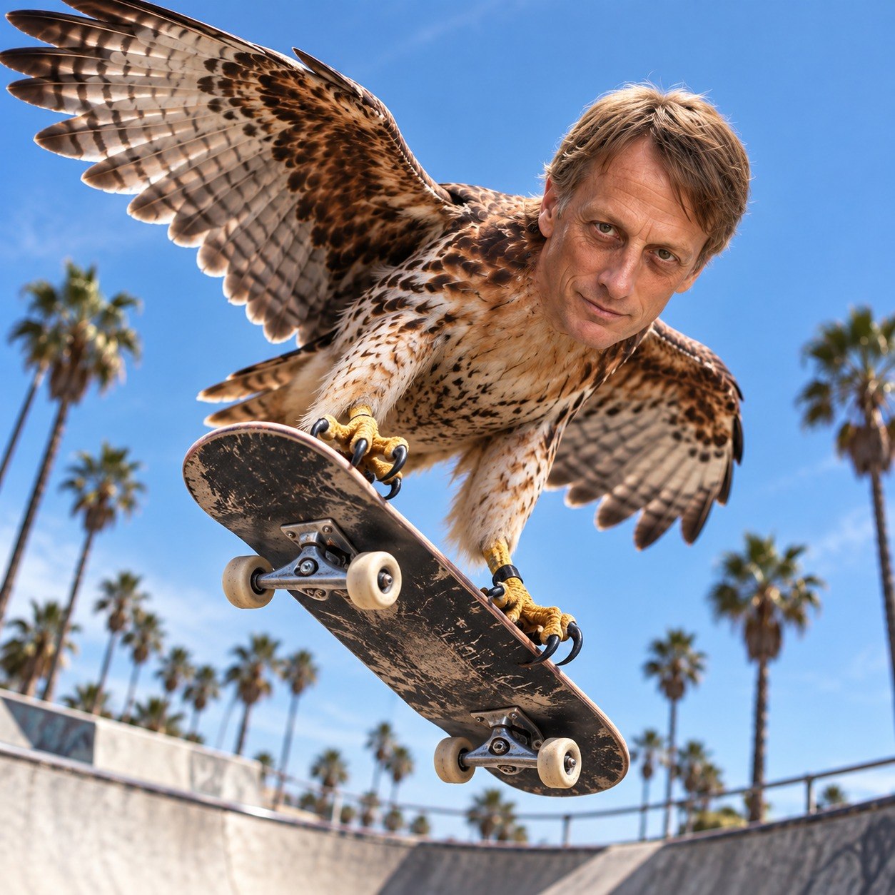 Tony Hawk with hawk wings flying over a skate bowl on a skateboard